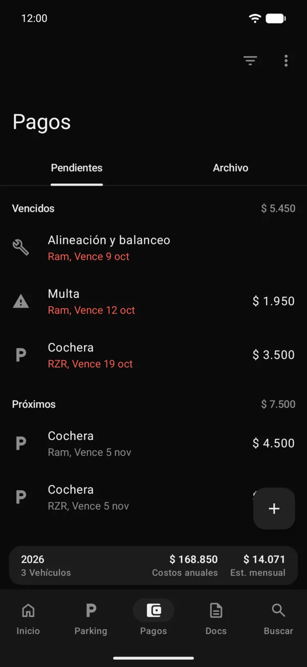 La pestaña Pagos con los pendientes de todos los vehículos