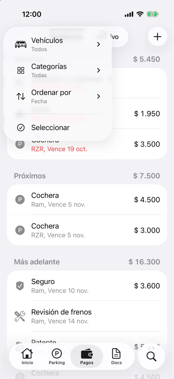 The Filter & sort menu with Vehicles, Categories and Sort by