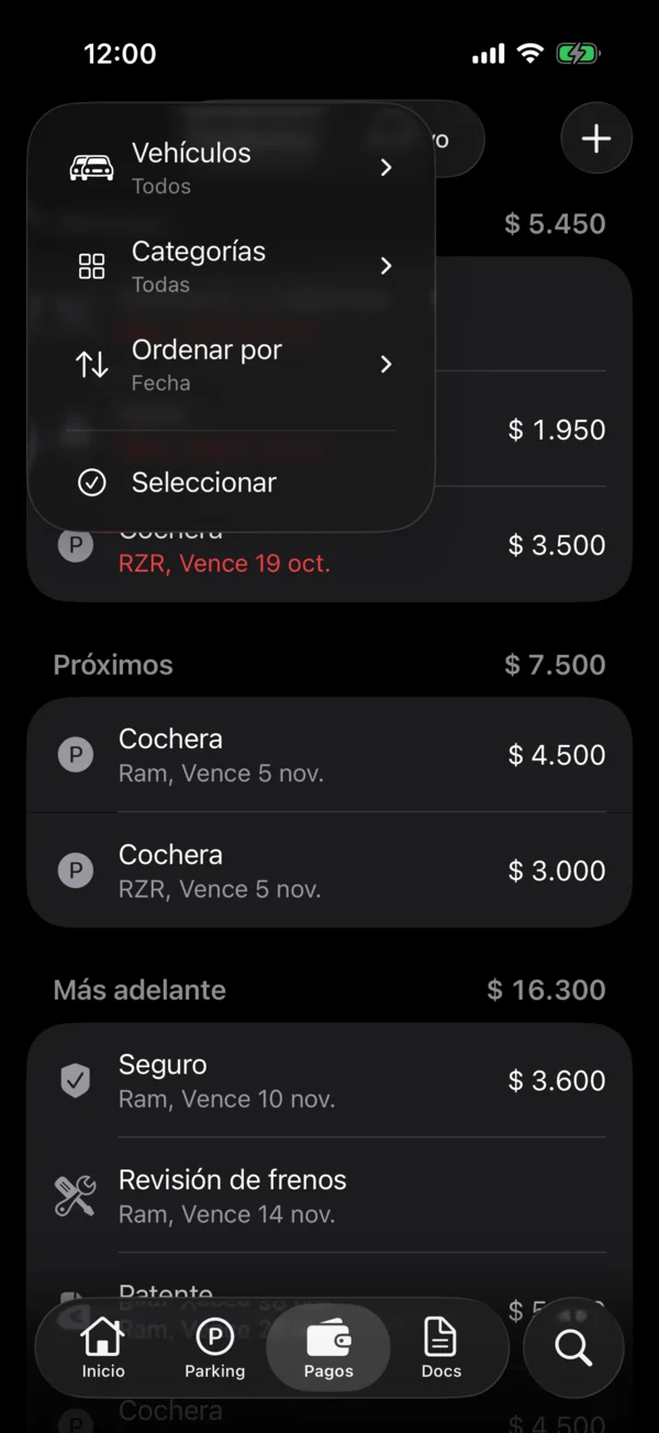 The Filter & sort menu with Vehicles, Categories and Sort by