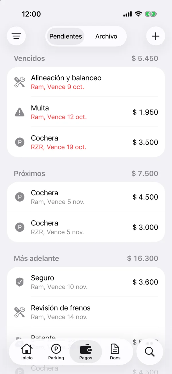 La pestaña Pagos con los pendientes de todos los vehículos