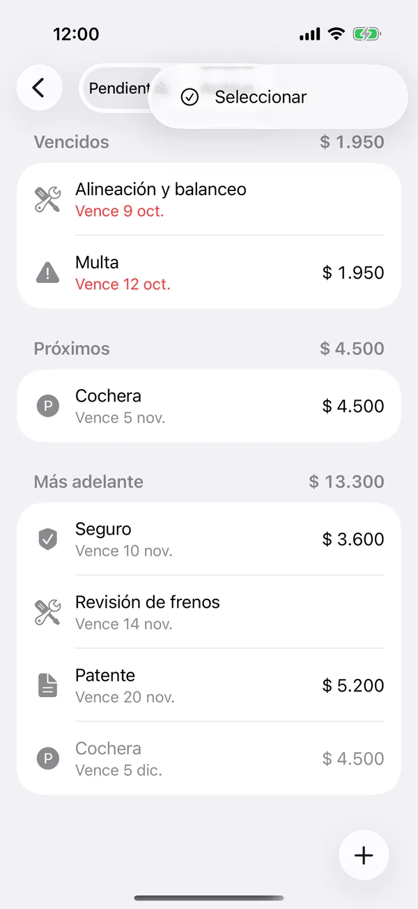 El menú Más con Seleccionar