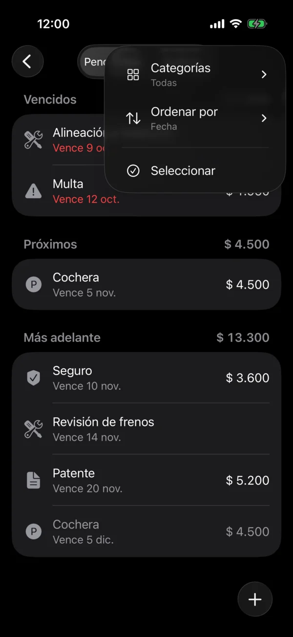 El menú Más con Seleccionar