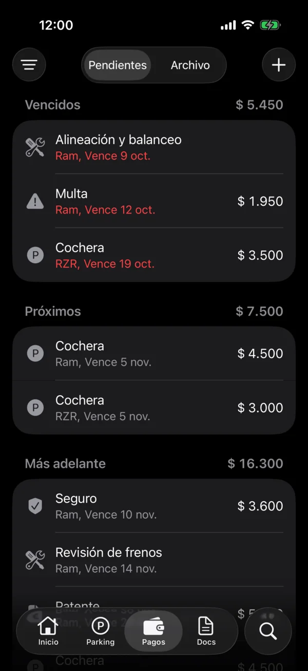 La pestaña Pagos con los pendientes de todos los vehículos