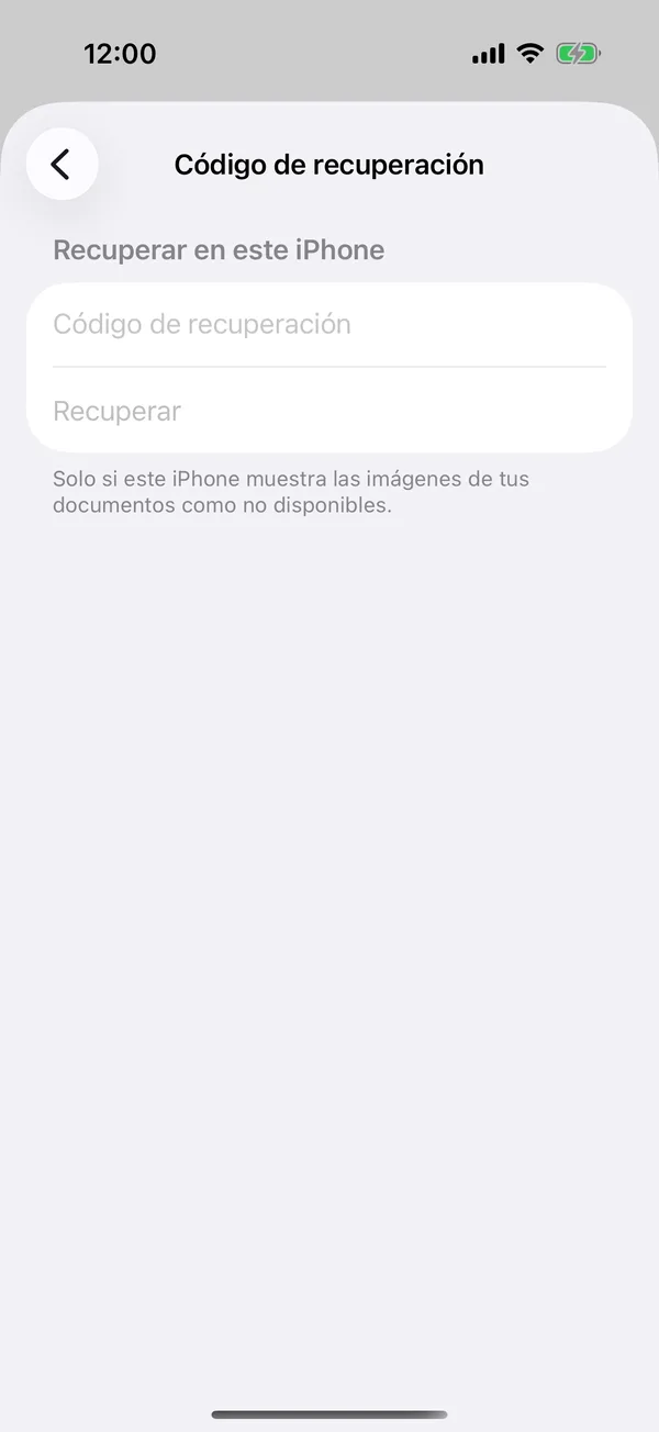 La pantalla Código de recuperación