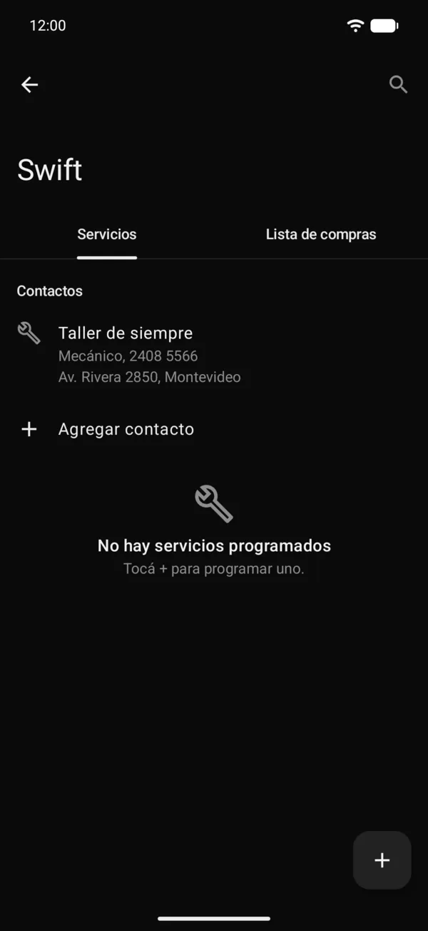 Contactos en la pestaña Servicios
