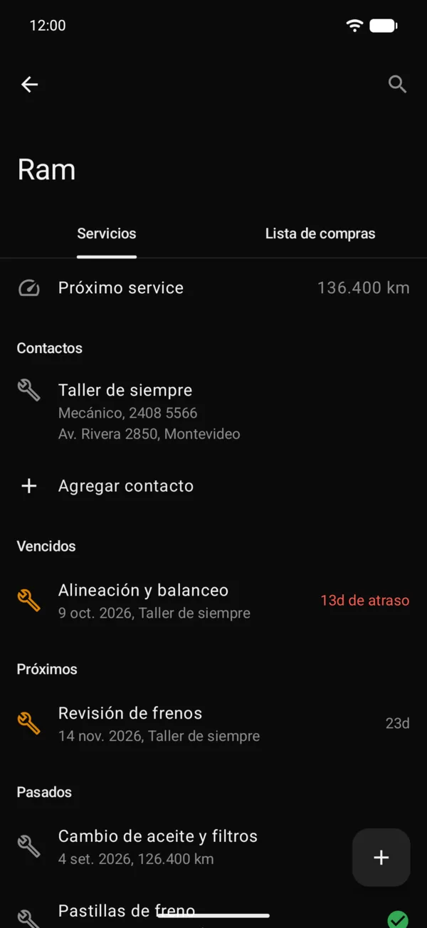 La lista de services de un vehículo con los próximos y los pasados