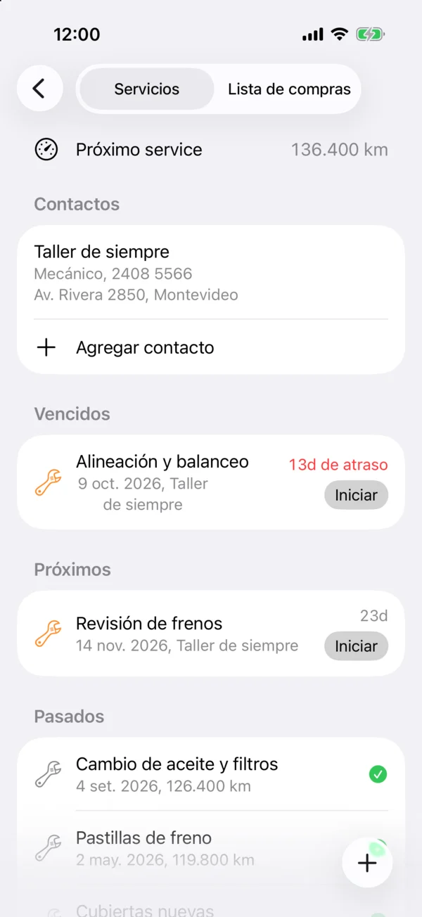 La lista de services de un vehículo con los próximos y los pasados