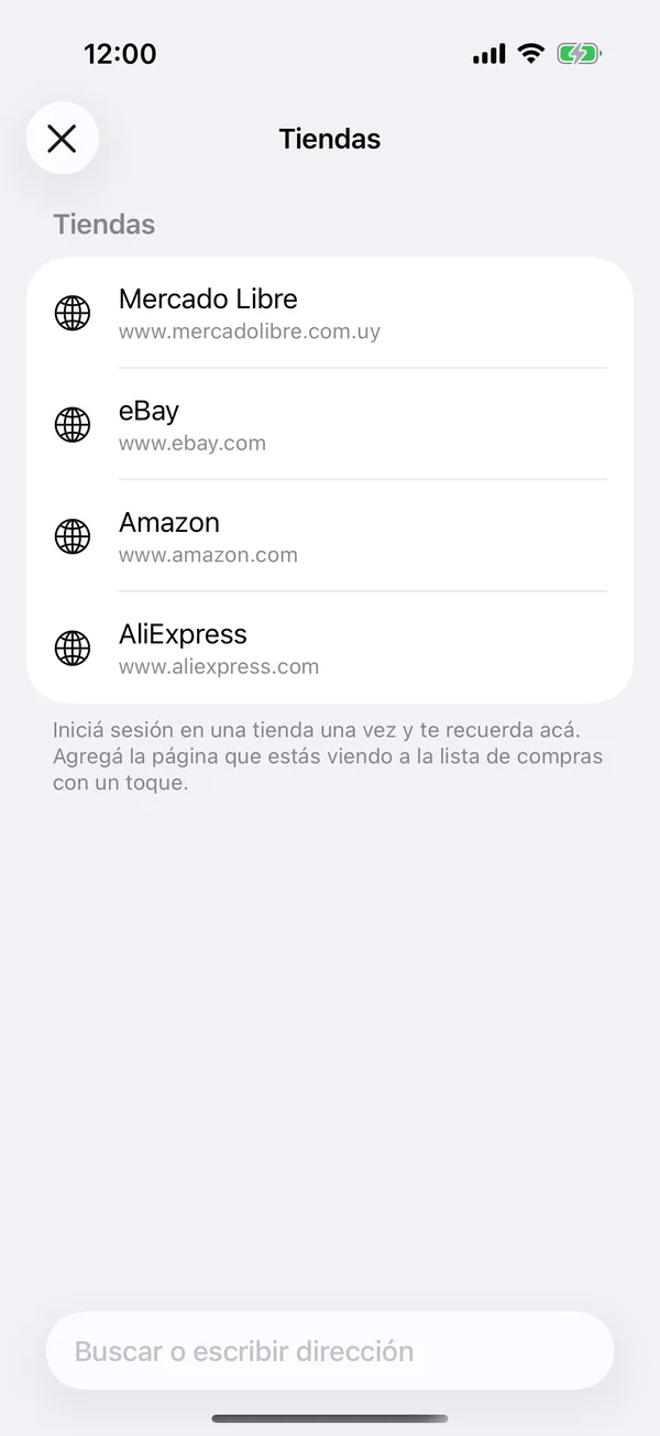 The Stores screen with Mercado Libre, eBay, Amazon and AliExpress