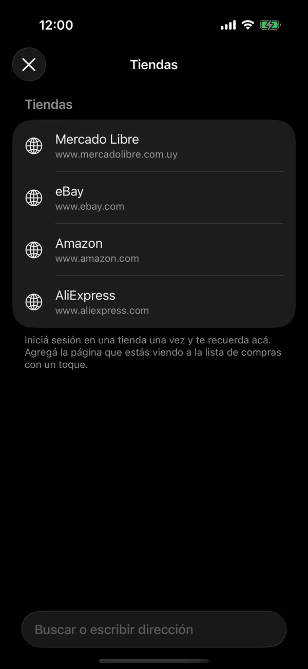 The Stores screen with Mercado Libre, eBay, Amazon and AliExpress
