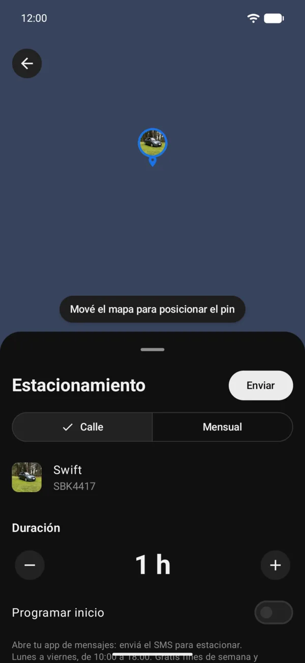 El formulario para estacionar con el pin en el mapa y la duración