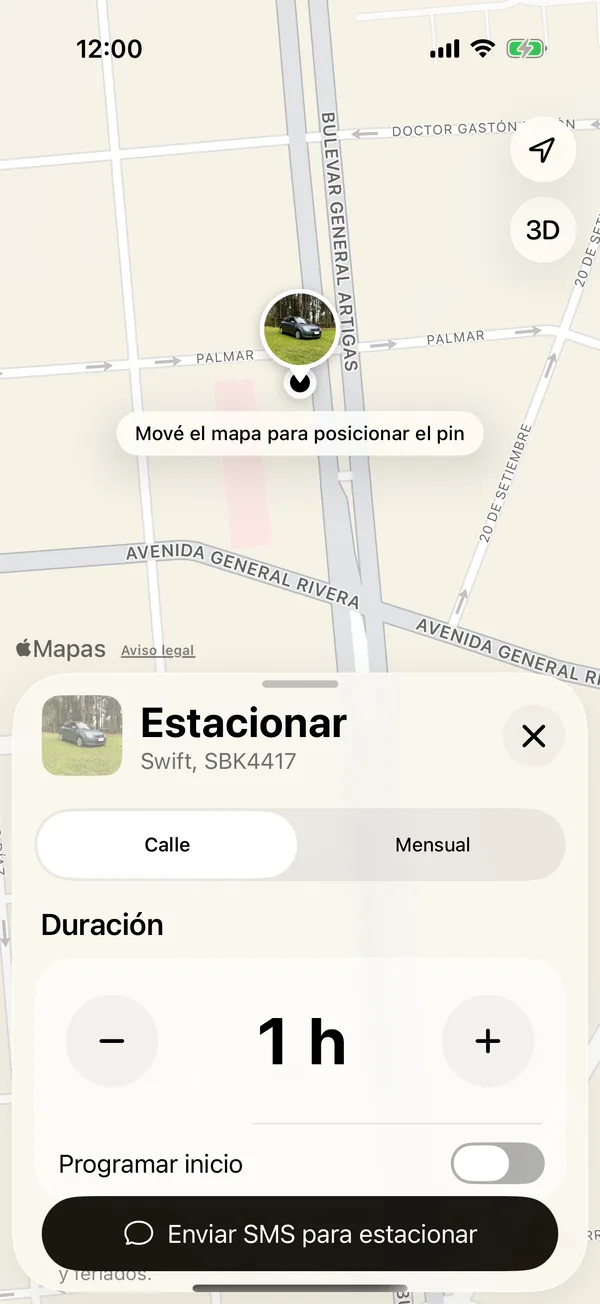 El formulario para estacionar con el pin en el mapa y la duración