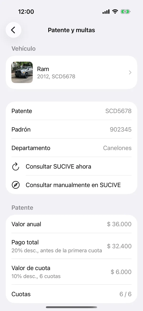 La pantalla Patente y multas con el valor anual, las cuotas y la deuda
