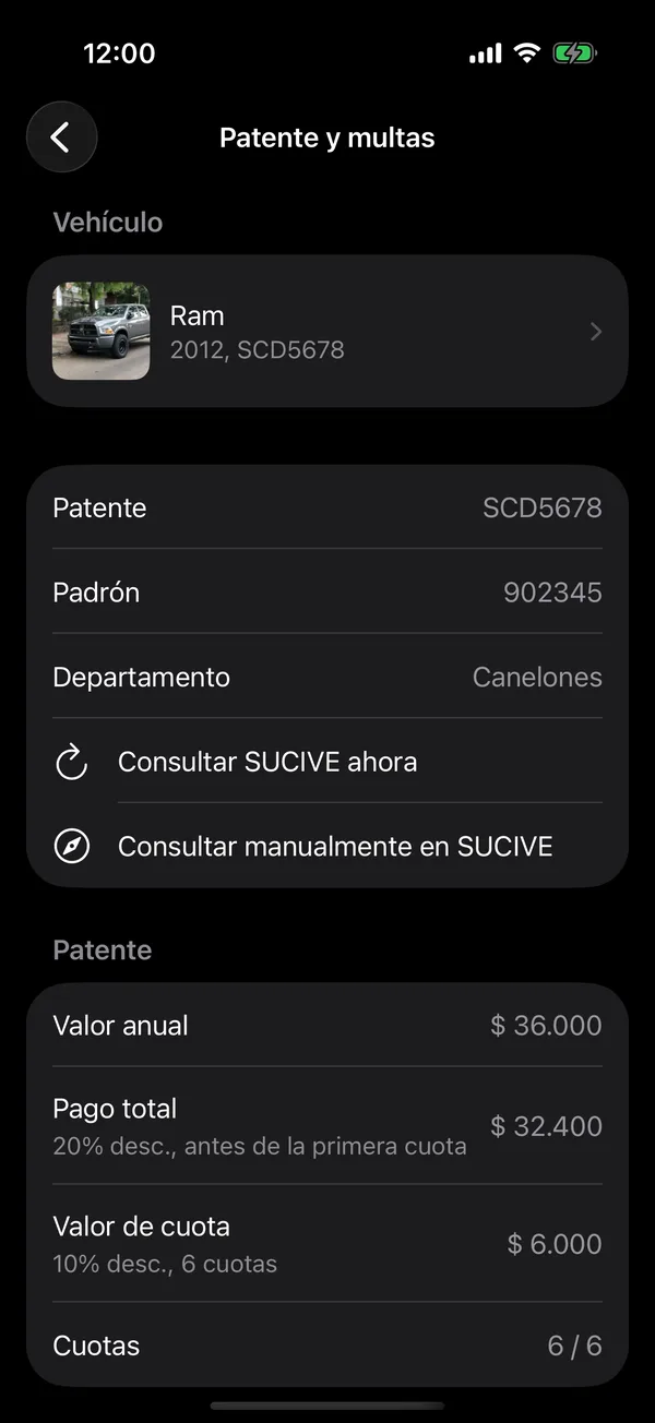 La pantalla Patente y multas con el valor anual, las cuotas y la deuda