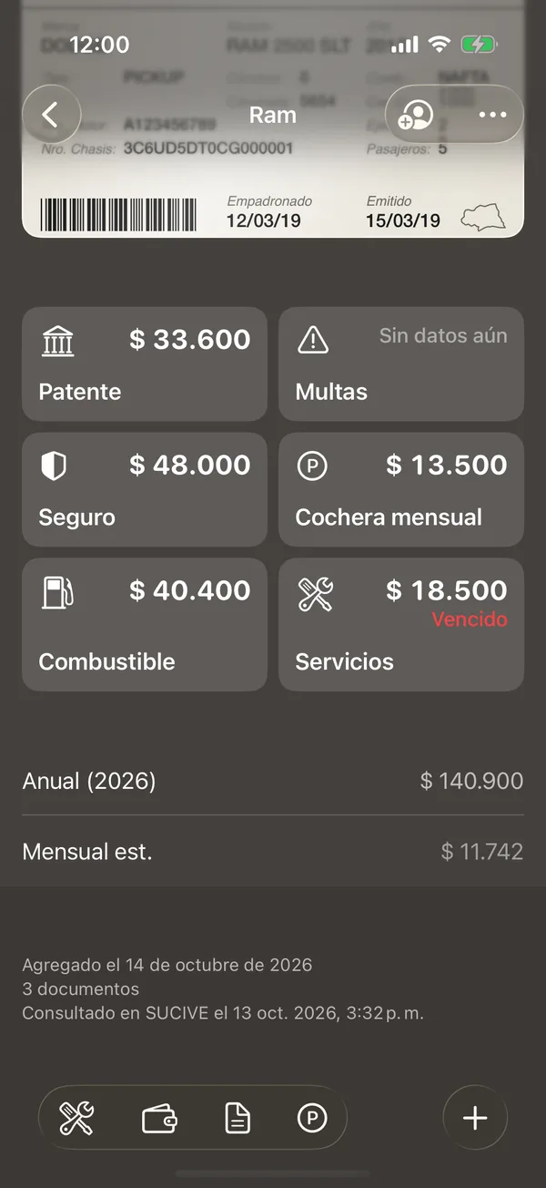 Los cuadros de patente, multas, seguro, cochera, combustible y servicios