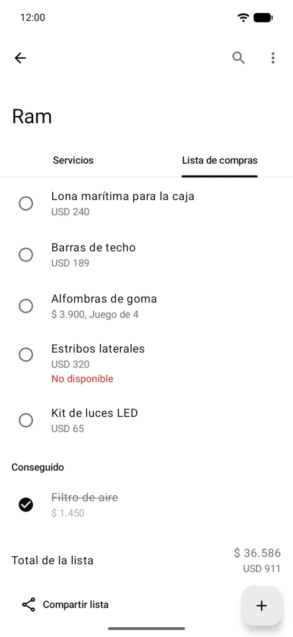Un artículo marcado No disponible en la lista de compras