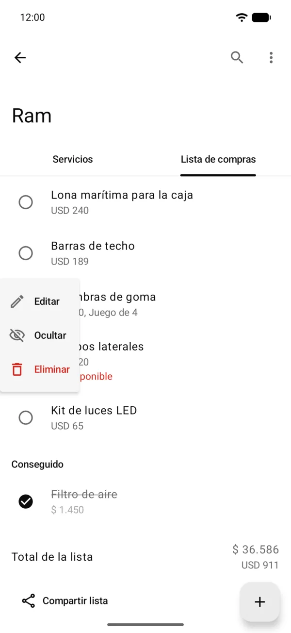 El menú de un artículo con Editar, Ocultar y Eliminar