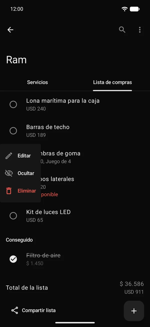El menú de un artículo con Editar, Ocultar y Eliminar