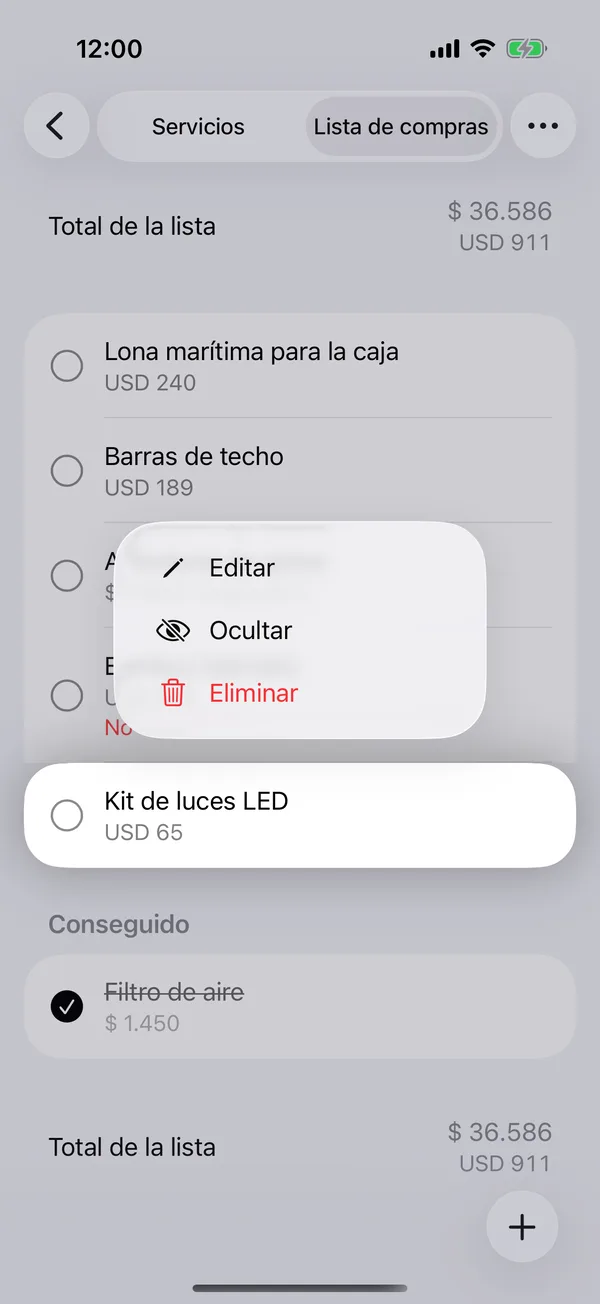 El menú de un artículo con Editar, Ocultar y Eliminar
