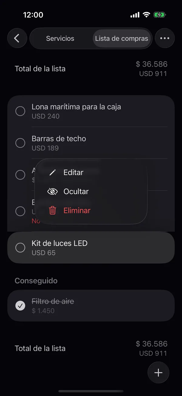 El menú de un artículo con Editar, Ocultar y Eliminar