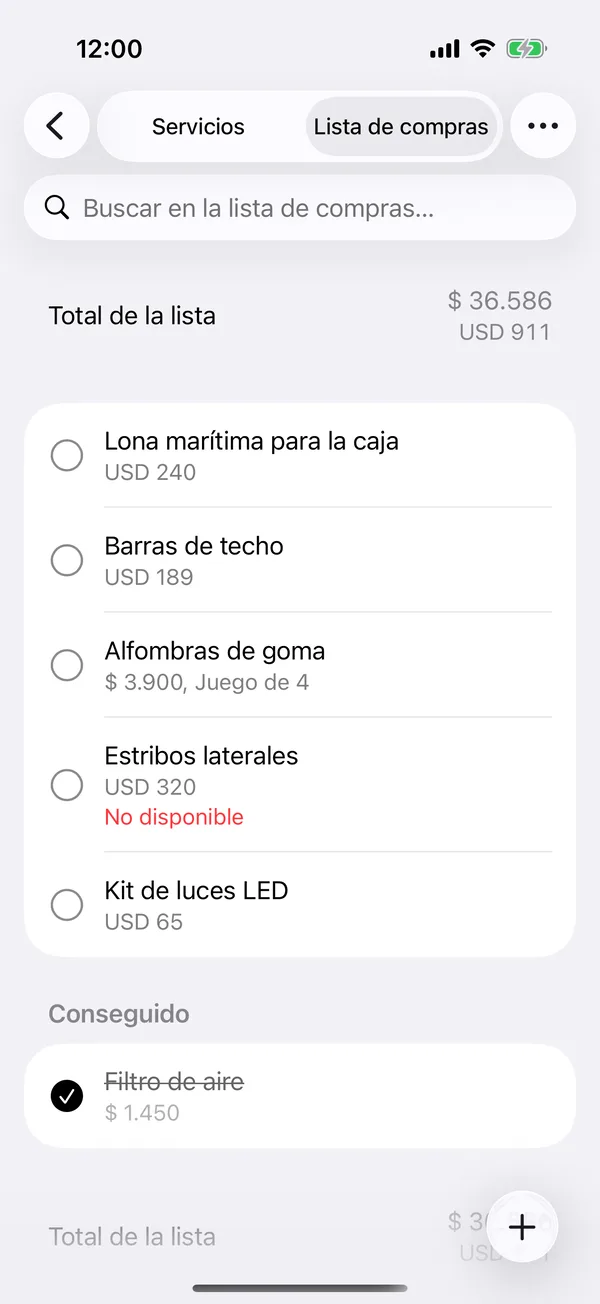 Un artículo marcado No disponible en la lista de compras
