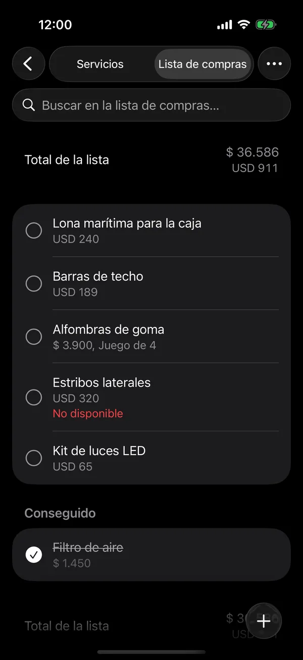 Un artículo marcado No disponible en la lista de compras