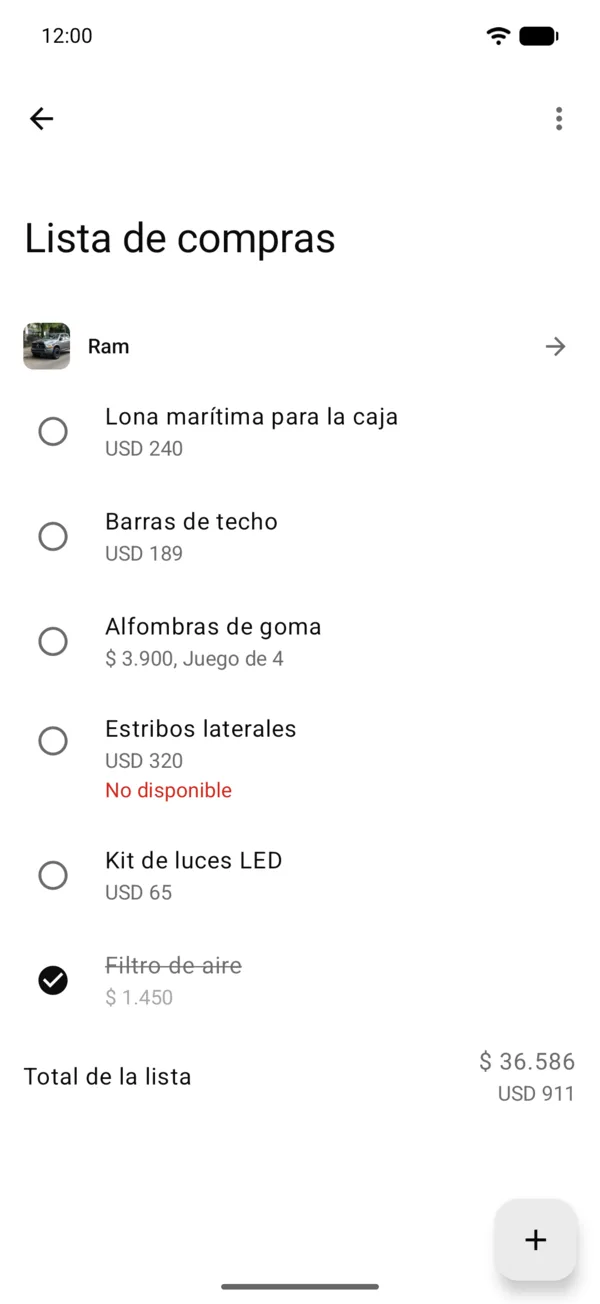 Todas tus listas, con el total de cada vehículo y el de todas