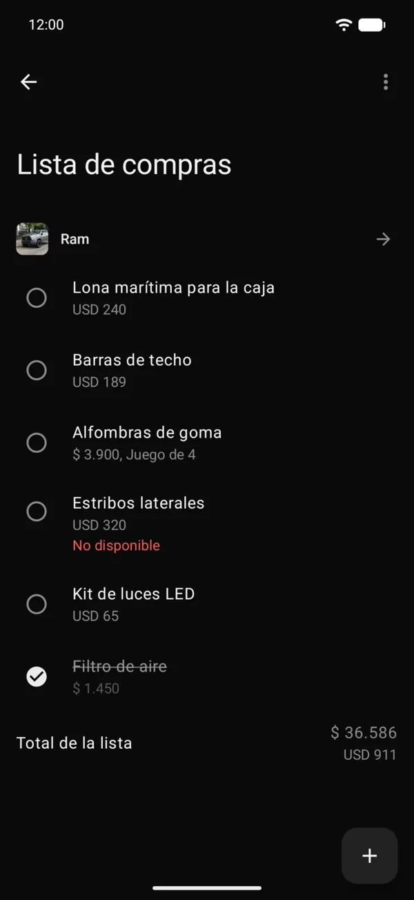 Todas tus listas, con el total de cada vehículo y el de todas