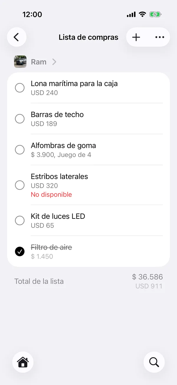 Todas tus listas, con el total de cada vehículo y el de todas
