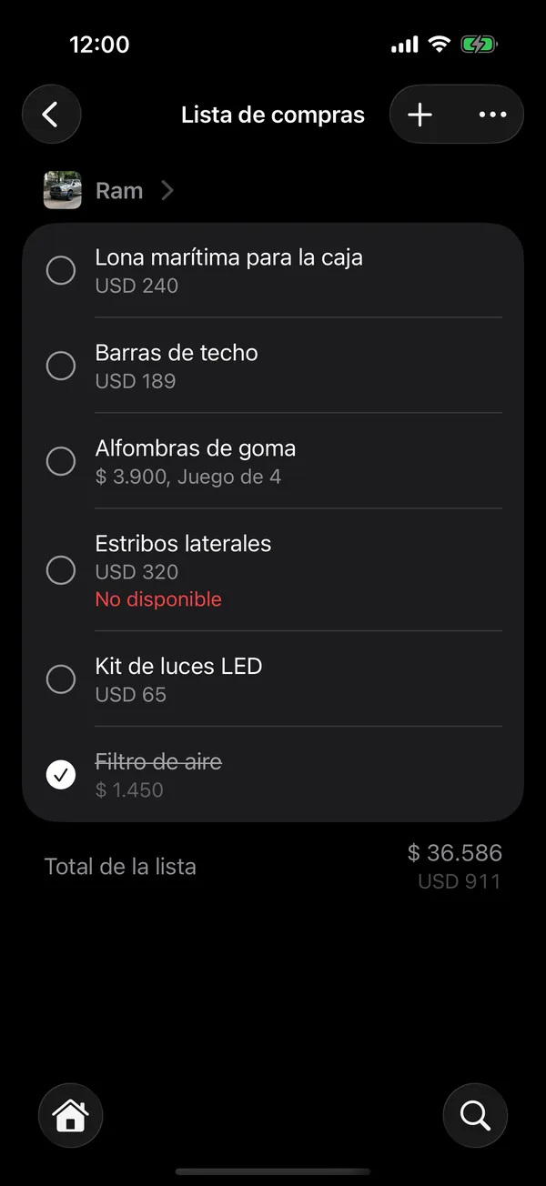 Todas tus listas, con el total de cada vehículo y el de todas
