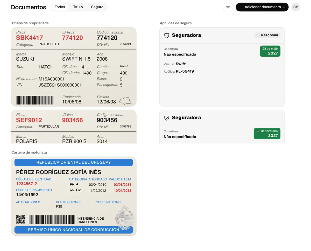 A aba Documentos da web no computador, com uma coluna para cada tipo de documento