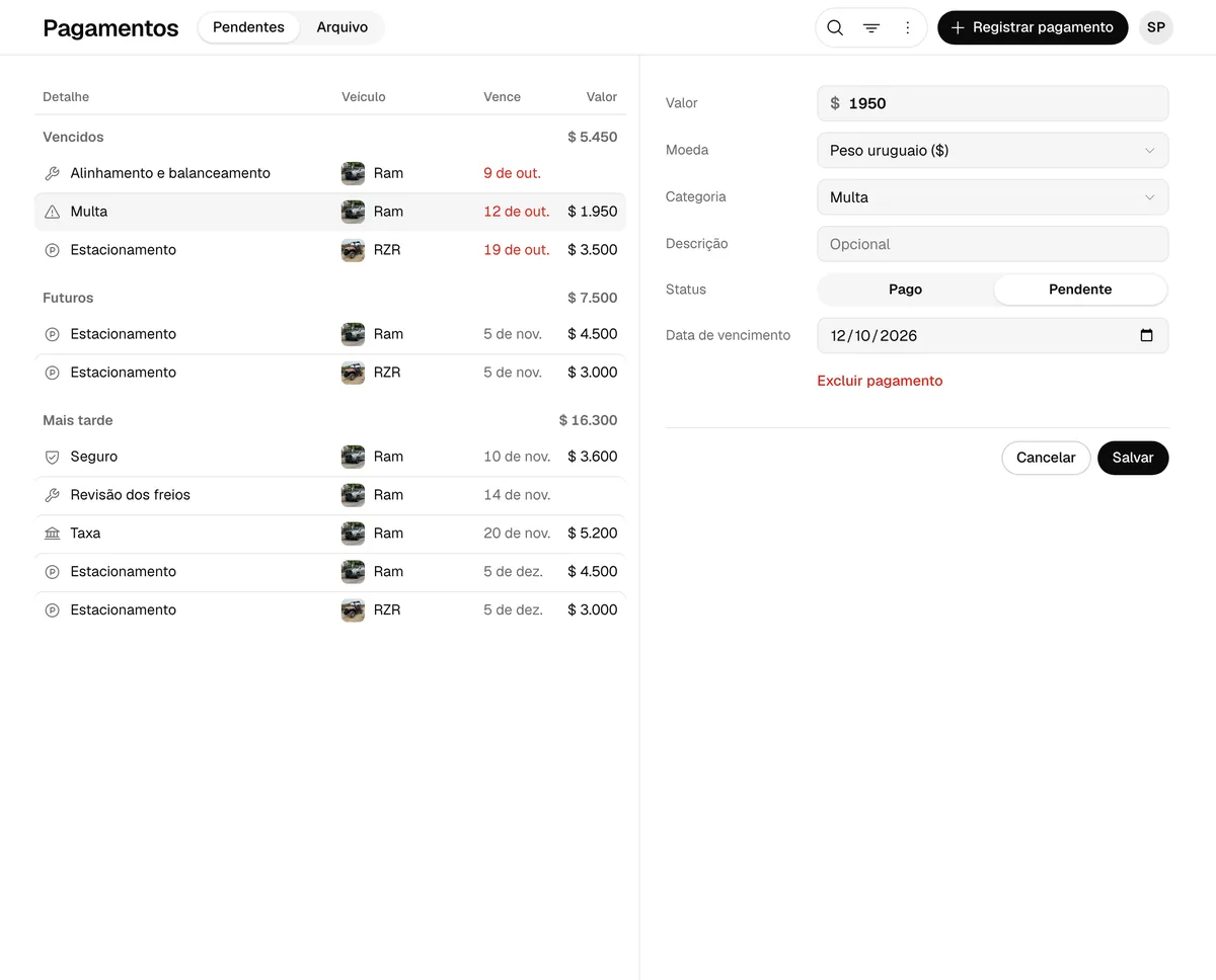 A aba Pagamentos da web no computador, com a lista e um pagamento aberto à direita