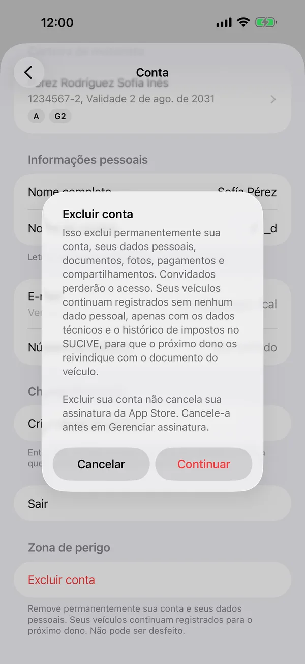 O aviso Excluir conta com Cancelar e Continuar
