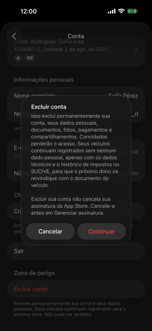 O aviso Excluir conta com Cancelar e Continuar