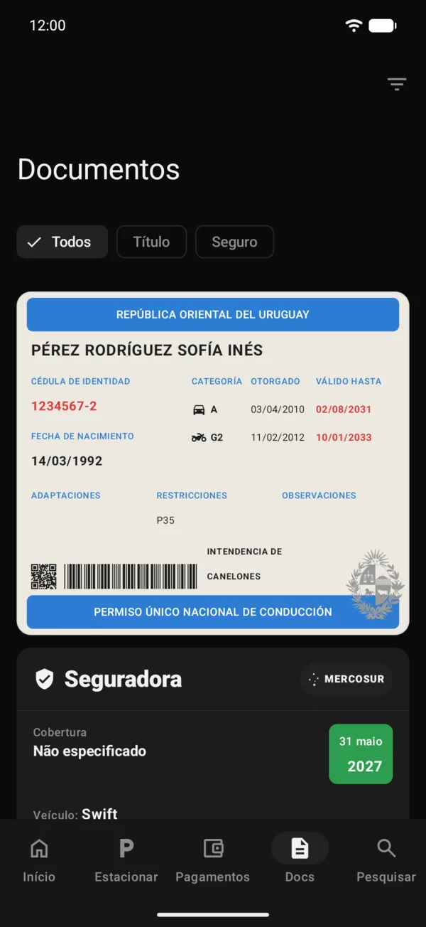 A aba Documentos com a carteira de motorista, uma apólice e um documento
