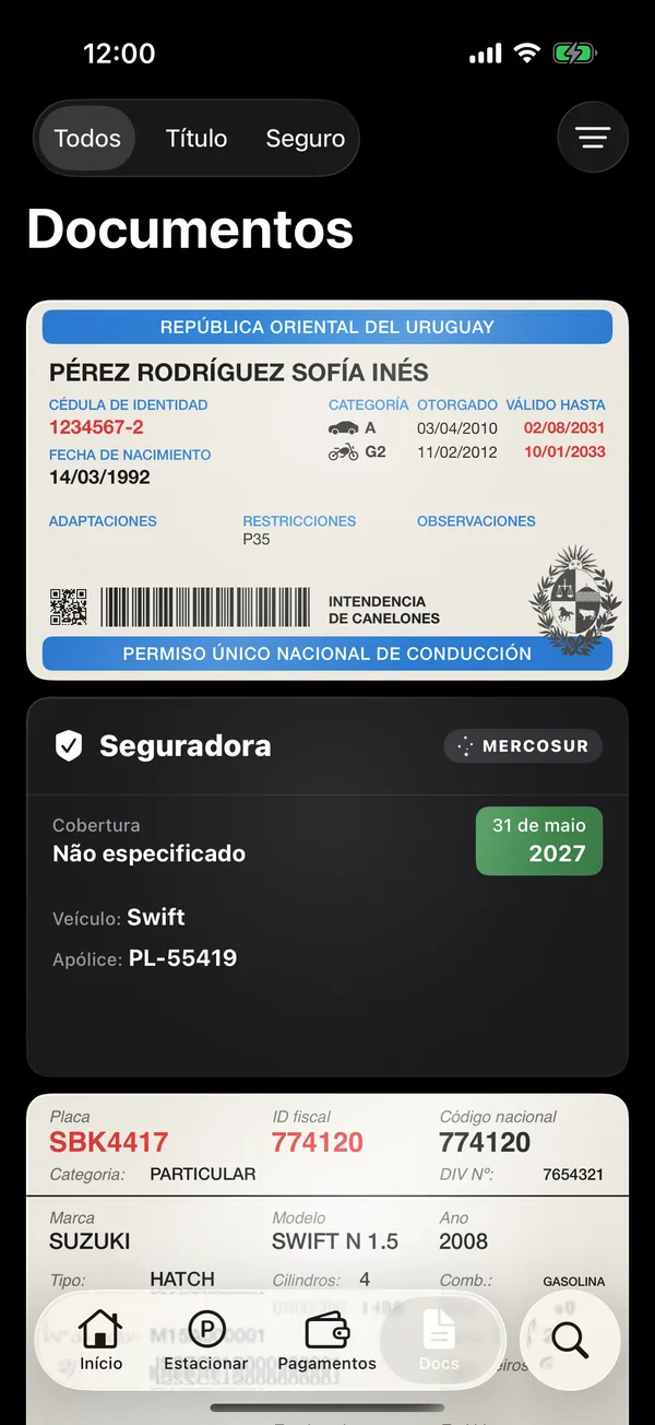 A aba Documentos com a carteira de motorista, uma apólice e um documento