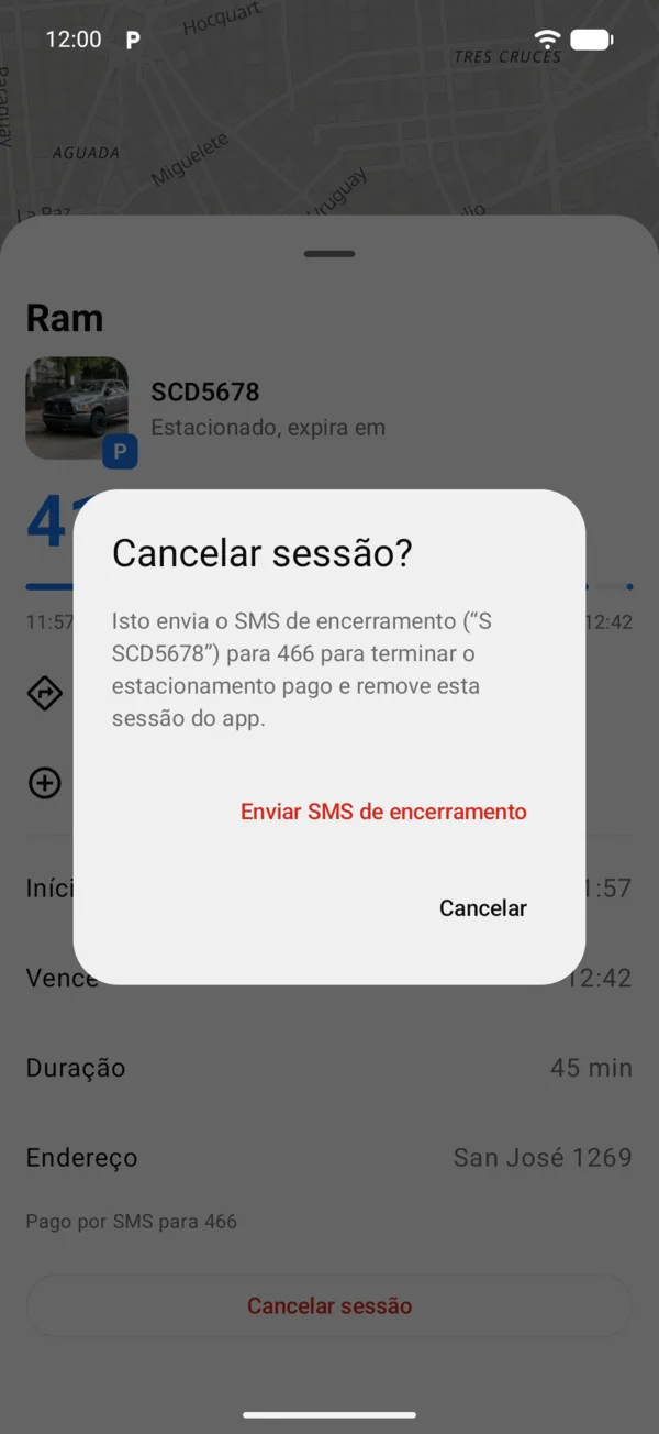 O aviso Cancelar sessão com Enviar SMS de encerramento