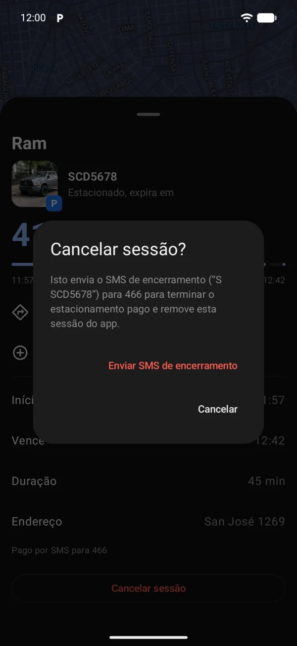 O aviso Cancelar sessão com Enviar SMS de encerramento