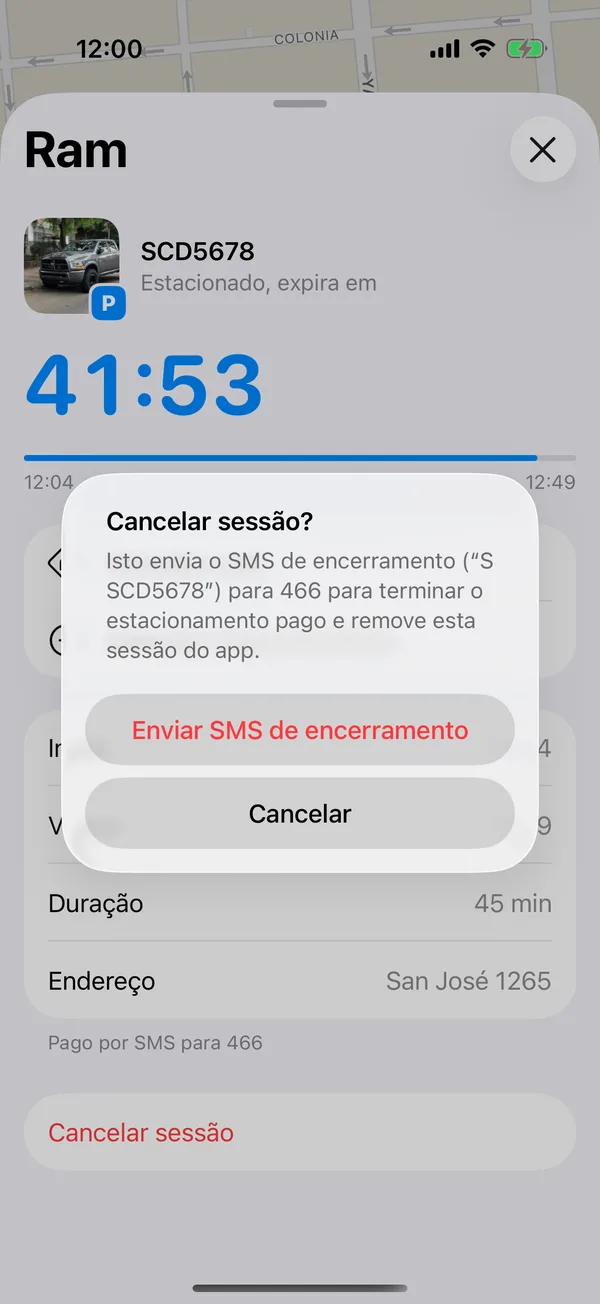 O aviso Cancelar sessão com Enviar SMS de encerramento