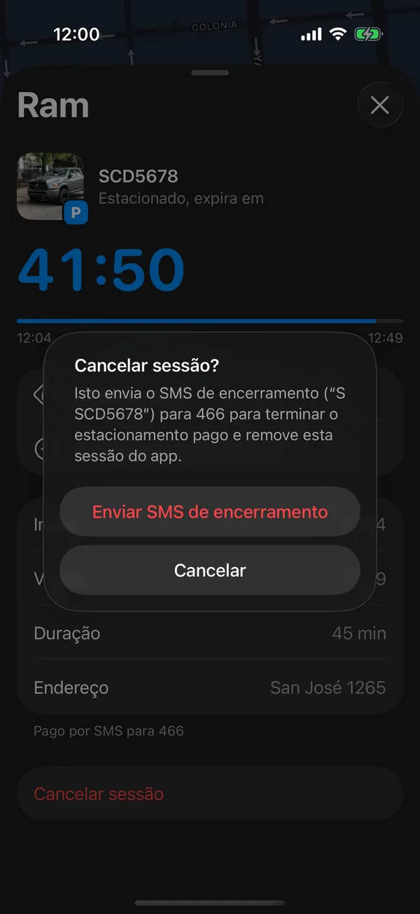 O aviso Cancelar sessão com Enviar SMS de encerramento