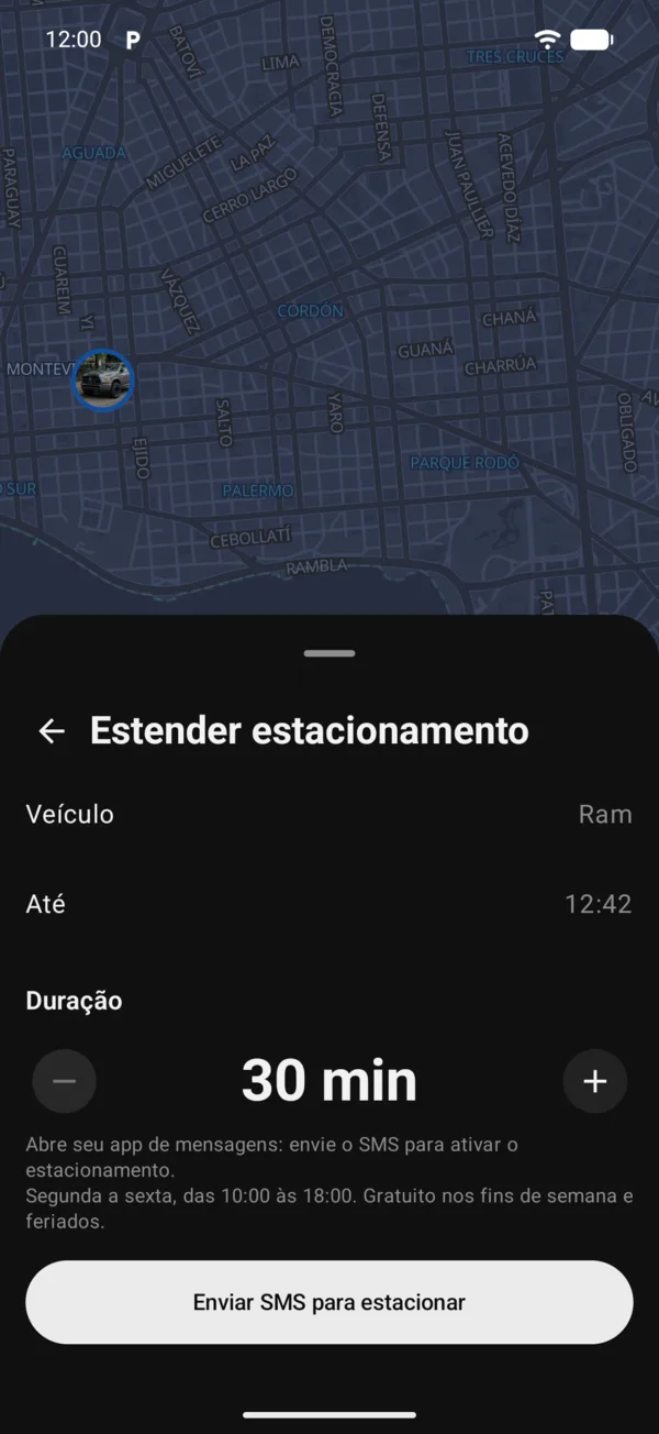A tela Estender estacionamento com a duração
