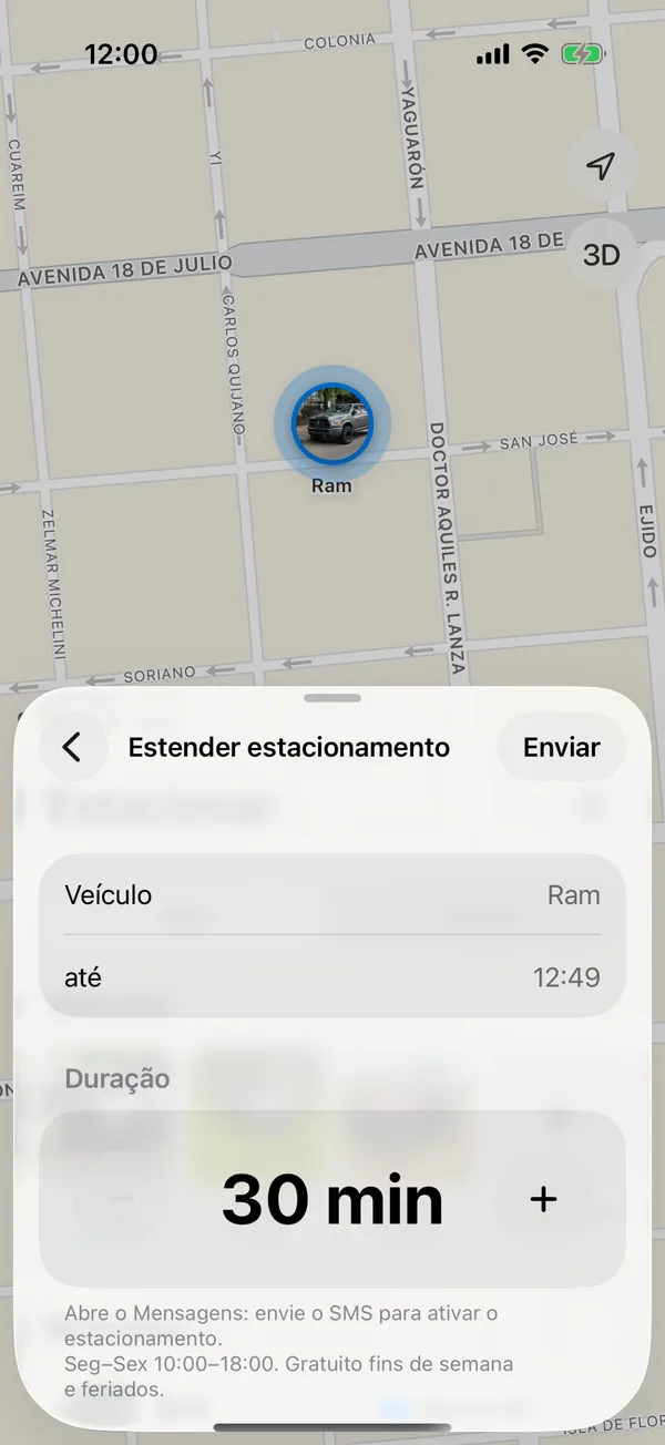 A tela Estender estacionamento com a duração