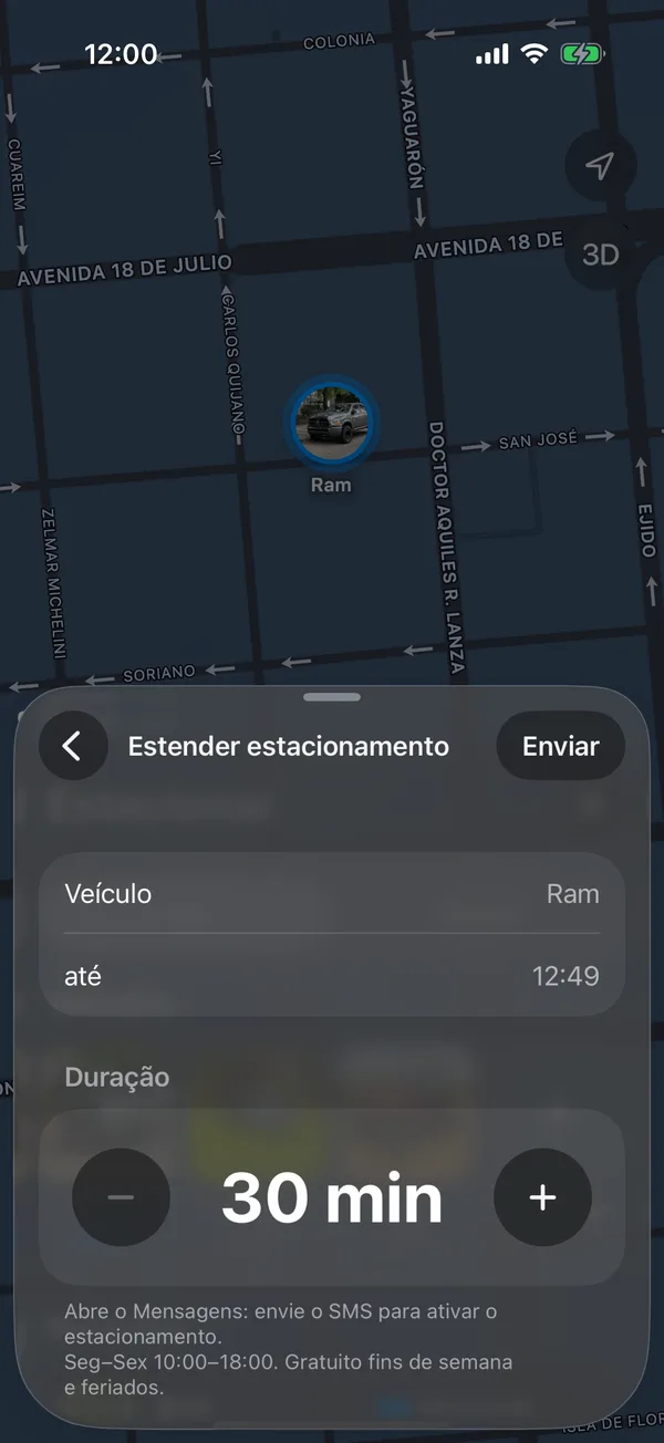 A tela Estender estacionamento com a duração