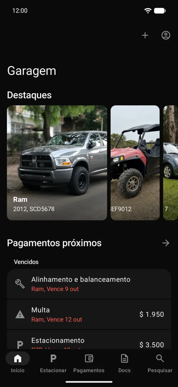 Início com Destaques, Pagamentos próximos e Seus veículos