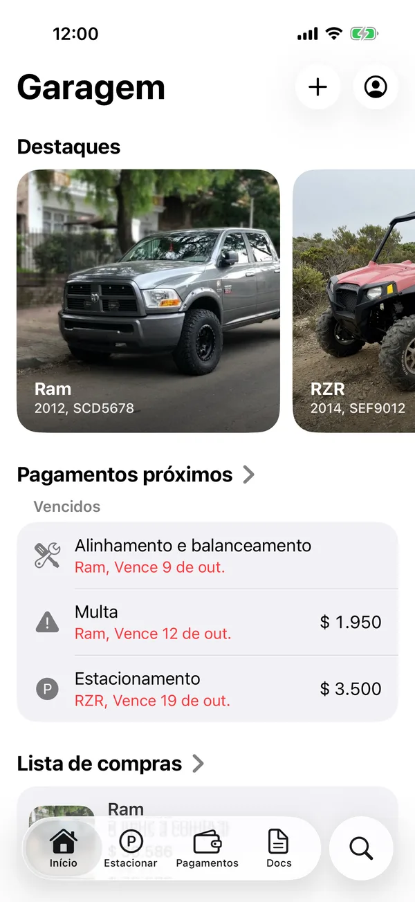 Início com Destaques, Pagamentos próximos e Seus veículos