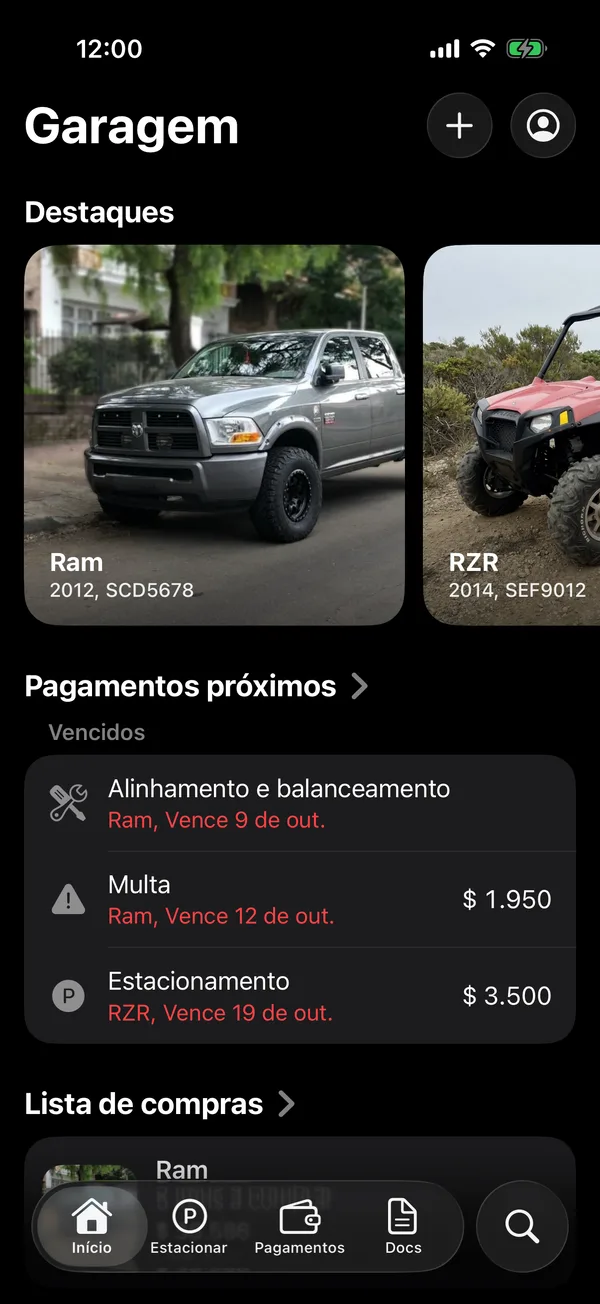 Início com Destaques, Pagamentos próximos e Seus veículos