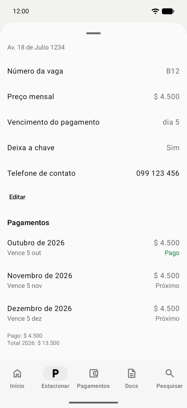 Uma vaga salva com Navegar até o estacionamento e seus dados