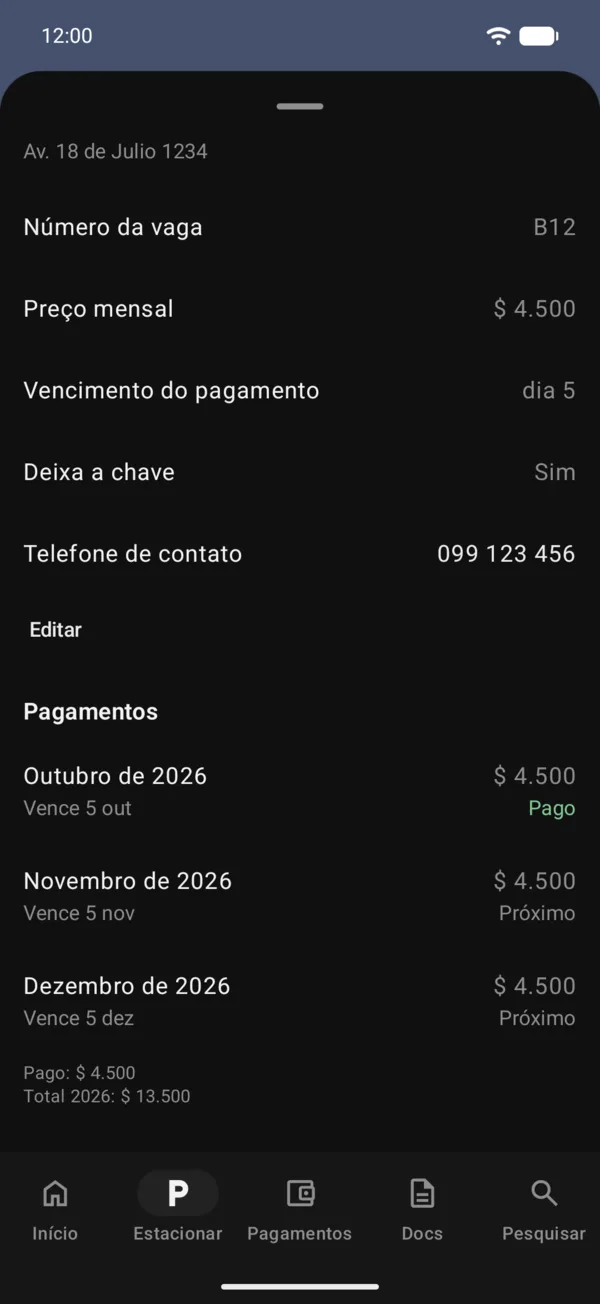 Uma vaga salva com Navegar até o estacionamento e seus dados