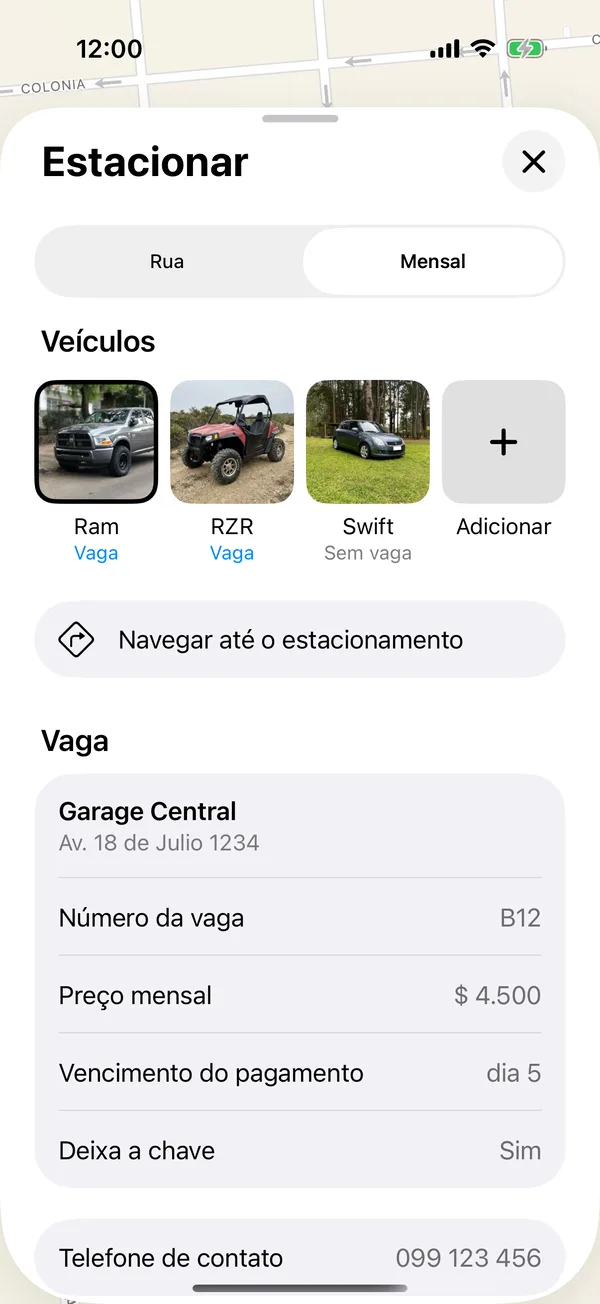 Uma vaga salva com Navegar até o estacionamento e seus dados