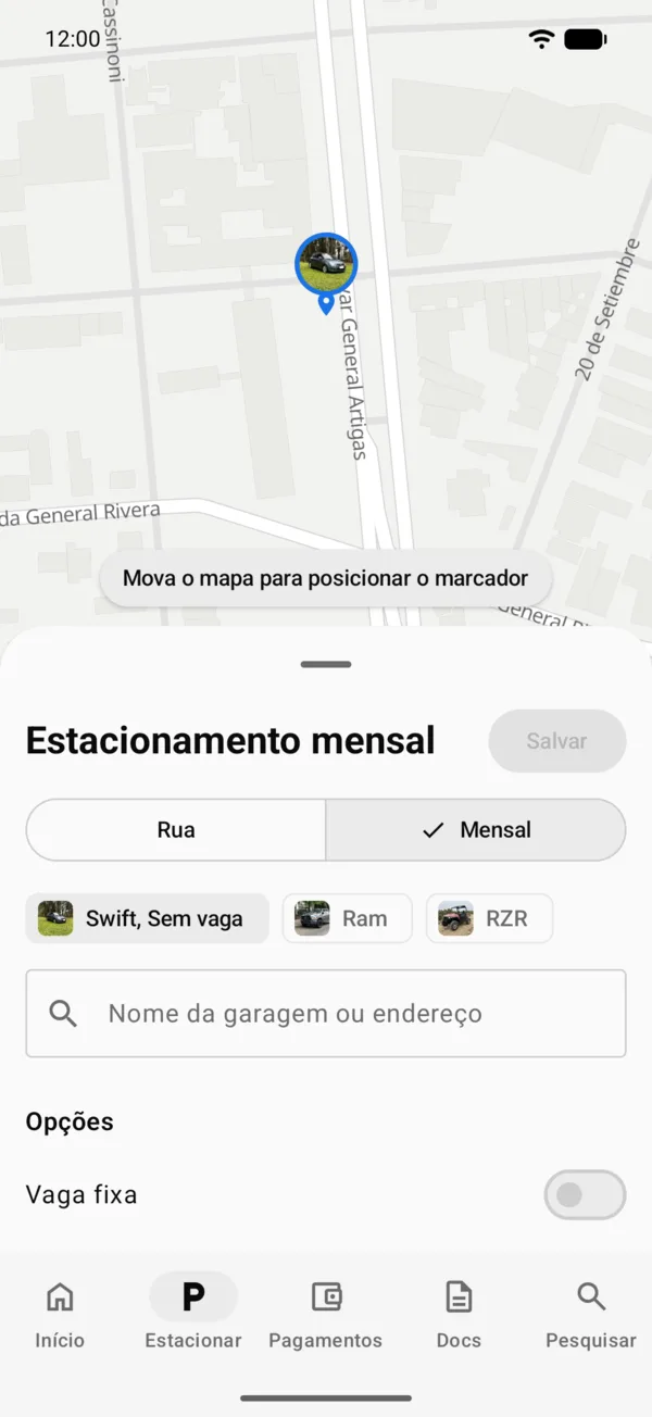 O formulário de estacionamento mensal com Opções e Detalhes