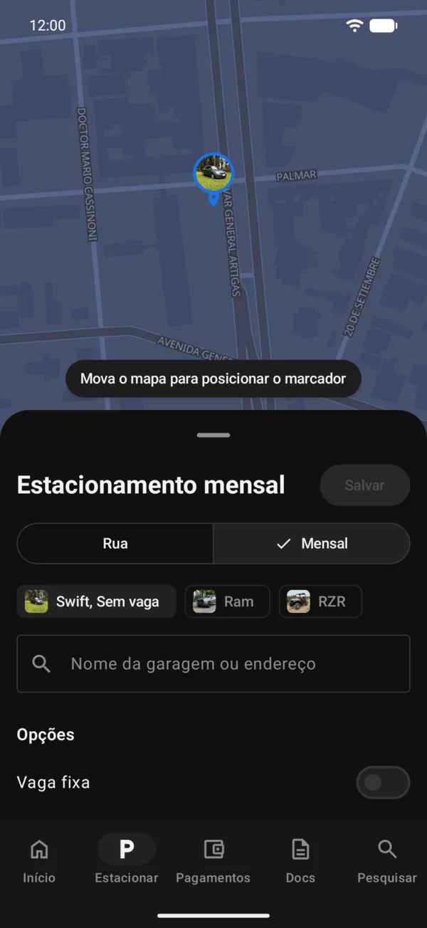 O formulário de estacionamento mensal com Opções e Detalhes